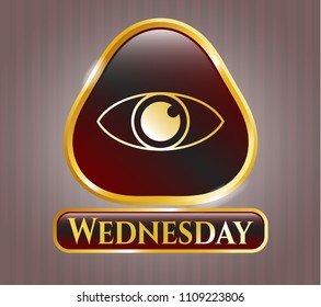   Gold shiny emblem with eye icon and Wednesday text inside