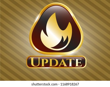  Gold shiny emblem with fire icon and Update text inside