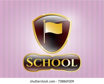  Gold shiny emblem with flag icon and School text inside