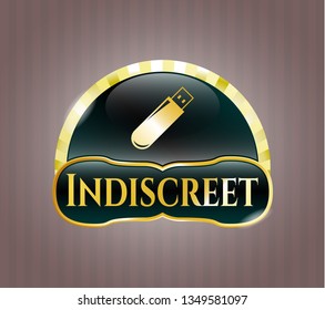  Gold shiny emblem with flash drive icon and Indiscreet text inside