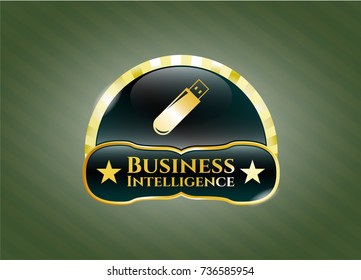  Gold shiny emblem with flash drive icon and Business Intelligence text inside