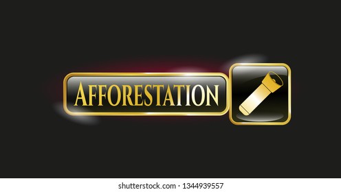  Gold shiny emblem with flashlight icon and Afforestation text inside