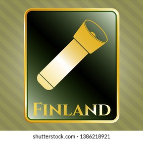  Gold shiny emblem with flashlight icon and Finland text inside