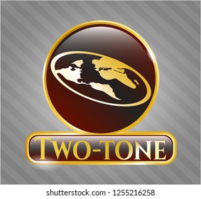  Gold shiny emblem with flat earth icon and Two-tone text inside