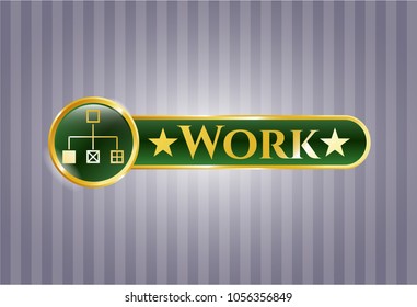    Gold shiny emblem with flowchart icon and Work text inside