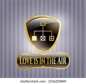  Gold shiny emblem with flowchart icon and Love is in the Air text inside