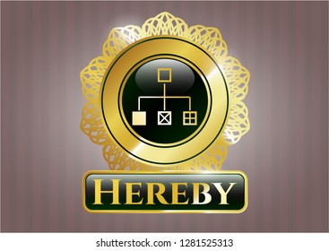  Gold shiny emblem with flowchart icon and Hereby text inside