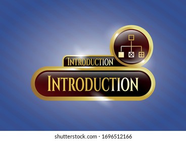  Símbolo dorado brillante con icono de diagrama de flujo y texto de introducción dentro