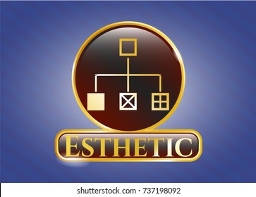  Gold shiny emblem with flowchart icon and Esthetic text inside