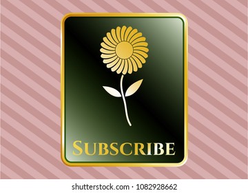   Gold shiny emblem with flower icon and Subscribe text inside