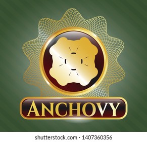  Gold shiny emblem with four leaf clover icon and Anchovy text inside