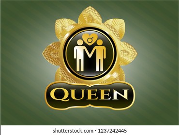  Gold shiny emblem with gay men love icon and Queen text inside