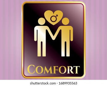  Gold shiny emblem with gay men love icon and Comfort text inside