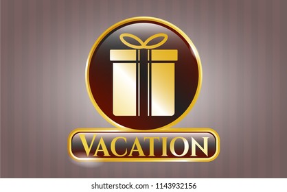  Gold shiny emblem with gift box icon and Vacation text inside