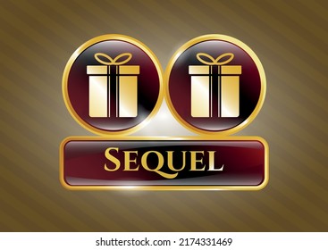 Gold shiny emblem with gift box icon and Sequel text inside