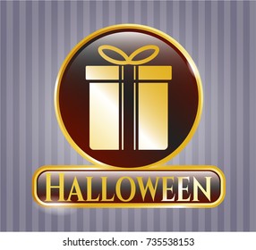  Gold shiny emblem with gift box icon and Halloween text inside