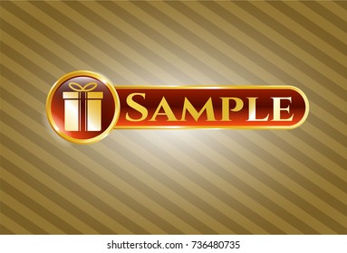  Gold shiny emblem with gift box icon and Sample text inside