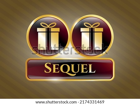 Gold shiny emblem with gift box icon and Sequel text inside