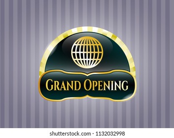  Gold shiny emblem with globe, website icon and Grand Opening text inside