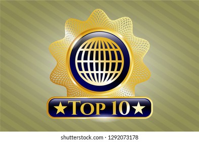  Gold shiny emblem with globe, website icon and Top 10 text inside