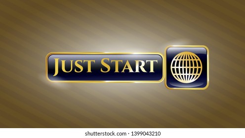  Gold shiny emblem with globe, website icon and Just Start text inside