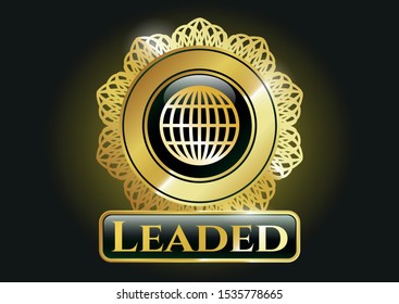  Gold shiny emblem with globe, website icon and Leaded text inside
