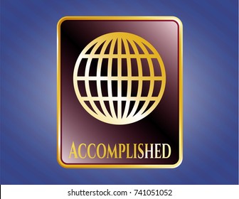  Gold shiny emblem with globe, website icon and Accomplished text inside