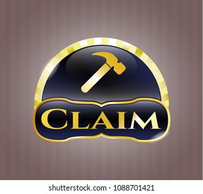  Gold shiny emblem with hammer icon and Claim text inside