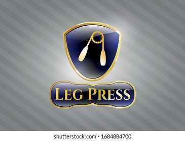  Gold shiny emblem with hand gripper icon and Leg Press text inside