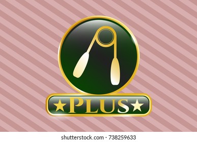  Gold shiny emblem with hand gripper icon and Plus text inside