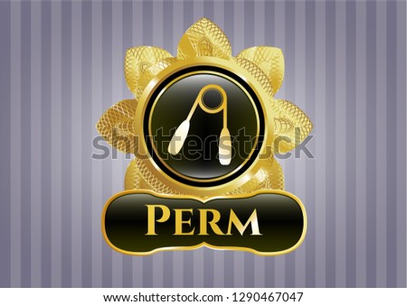  Gold shiny emblem with hand gripper icon and Perm text inside