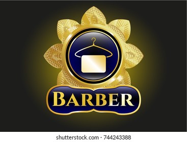  Gold shiny emblem with hanger with towel icon and Barber text inside