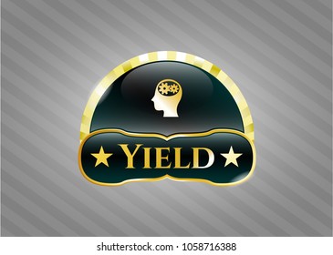  Gold shiny emblem with head with gears inside icon and Yield text inside