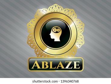  Gold shiny emblem with head with gears inside icon and Ablaze text inside