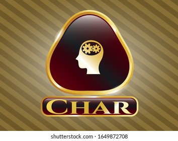  Gold shiny emblem with head with gears inside icon and Char text inside