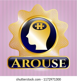 Gold shiny emblem with head with jigsaw puzzle piece icon and Arouse text inside