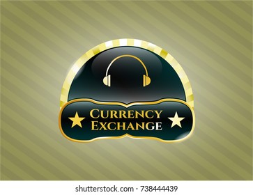  Gold shiny emblem with headphones icon and Currency Exchange text inside