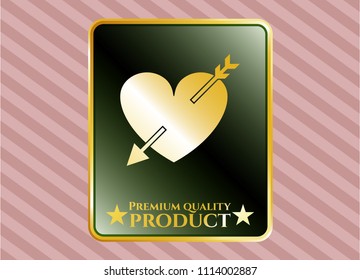   Gold shiny emblem with heart with arrow icon and Premium Quality Product text inside