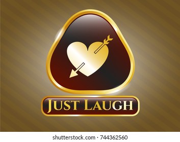  Gold shiny emblem with heart with arrow icon and Just Laugh text inside