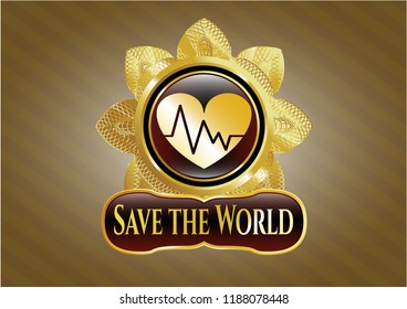  Gold shiny emblem with heart with electrocardiogram icon and Save the World text inside