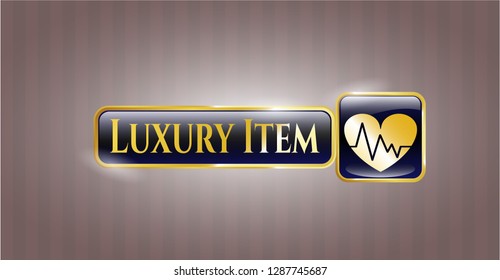  Gold shiny emblem with heart with electrocardiogram icon and Luxury Item text inside