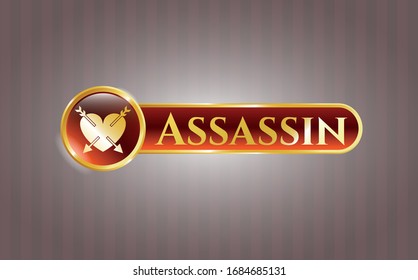  Símbolo dorado brillante con corazón con dos flechas icono y texto Assassin dentro