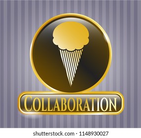  Gold shiny emblem with ice cream icon and Collaboration text inside