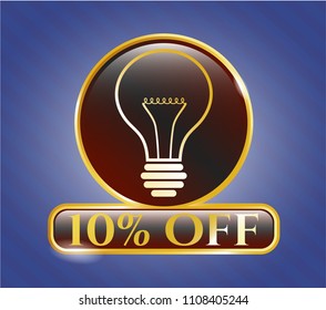  Gold shiny emblem with idea icon and 10% Off text inside