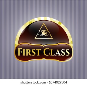  Gold shiny emblem with illuminati pyramid icon and First Class text inside