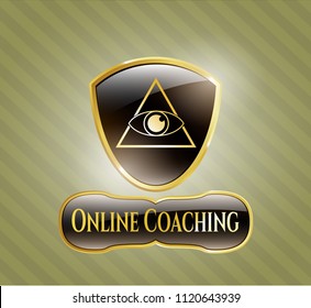  Gold shiny emblem with illuminati pyramid icon and Online Coaching text inside