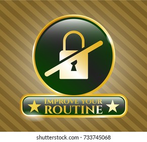  Gold shiny emblem with inaccessible icon and Improve your routine text inside