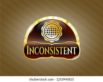  Gold shiny emblem with international icon and Inconsistent text inside