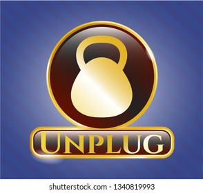  Gold shiny emblem with kettlebell icon and Unplug text inside