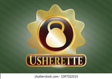  Gold shiny emblem with kettlebell icon and Usherette text inside